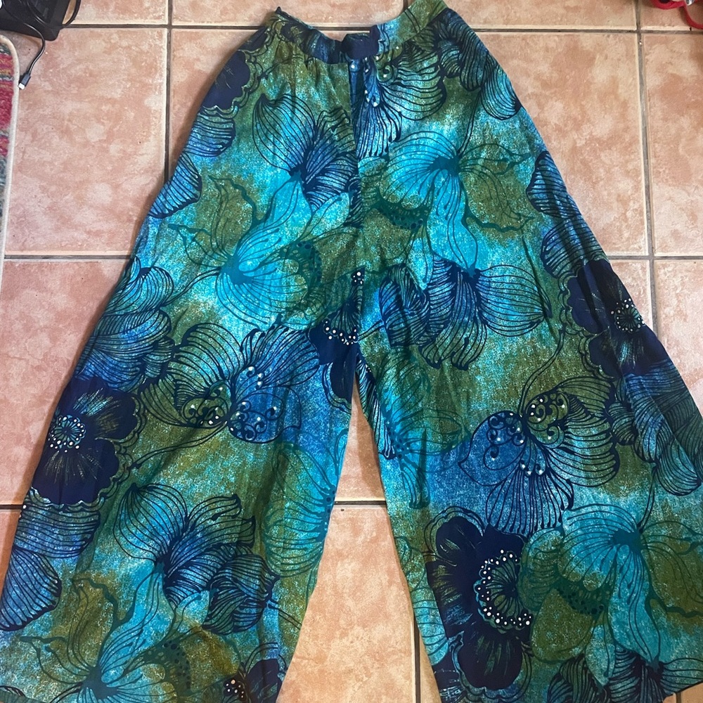 Vintage Wide Leg Floral Blue and Green Pants